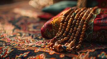 The exchange of gifts between friends and family often including traditional items such as prayer mats or Tasbih beads photo