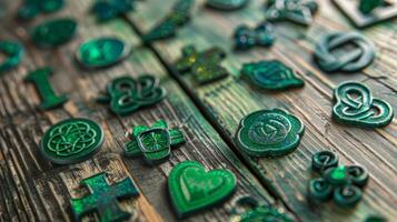 A table lined with green temporary tattoos featuring various Irish symbols such as the Claddagh ring and Celtic knots ready to be applied as a festive way to show off one photo