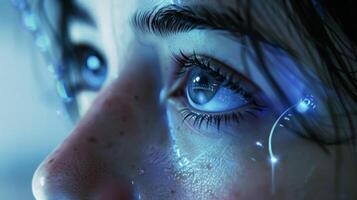 A closeup of a persons face as they concentrate on a virtual reality game that targets memory and attention skills photo
