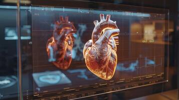 A screen displaying a 3D model of a heart with AR markers indicating specific areas for incisions and sutures photo