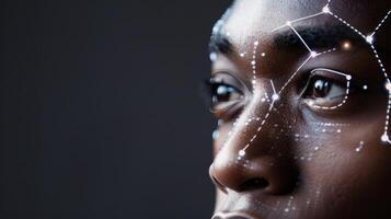 A closeup of a persons face being scanned for facial recognition before being granted access to their health records photo