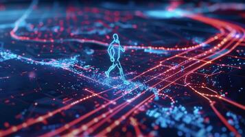 An image of a fitness trackers app displaying a 3D map of the users running route with live data on distance speed and calories burned overlayed photo