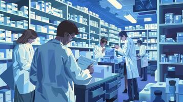 A group of doctors and nurses in the supply room using a predictive analytics tool to determine the optimum amount of medical supplies to order for the next quarter photo