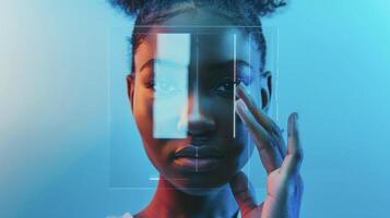 A person holding a smartphone up to their face with a small camera scanning and recognizing their facial features to grant them access to their private health records photo