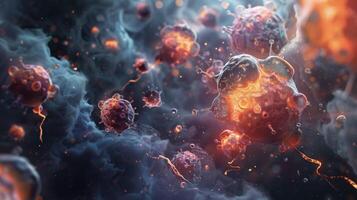 Closeup of a of tumor cells under attack by a group of powerful nanorobots destroying them from within photo