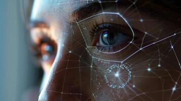 A macro shot of a persons face specifically their facial features like their nose and jawline being measured and analyzed by a biometric authentication system for secure acces photo