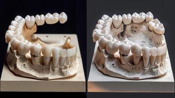 A before and after comparison of a dental procedure with the before image showing a 3D scan of the patients mouth and the after image displaying the final results throug photo