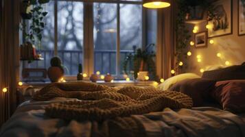A cozy and dimly lit room with soft pillows and blankets perfect for taking a moment to breathe and decompress in a soothing virtual environment photo