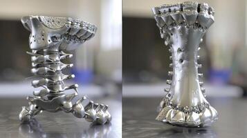 A sidebyside comparison of two different orthopedic implant designs one created with AIenhanced software and the other without highlighting the precision and accuracy of th photo