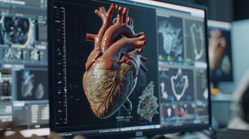 A closeup of a computer screen showing a 3D heart model being manipulated and rotated at different angles for a thorough educational experience photo