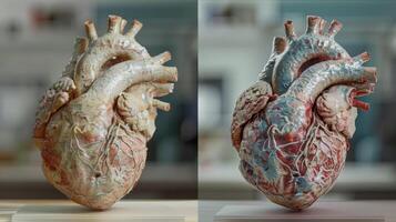 A side by side comparison of a traditional 2D heart model and an interactive 3D heart model highlighting the differences in detail and functionality photo