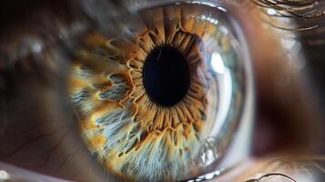 un magnificado ver de un personas ojo mirando a un de retina escáner para biométrico identificación a acceso el registros sistema foto