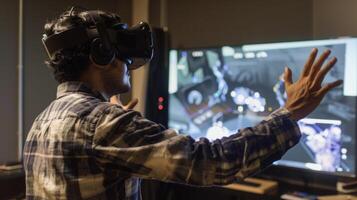 A person using hand motions to interact with objects in a virtual reality scenario part of a treatment program for schizophrenia photo