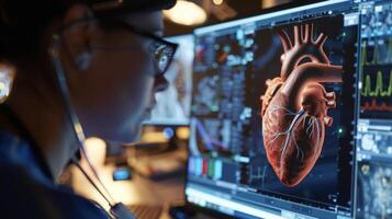 A surgeon examines a digital twin of a patients heart using the simulation to plan for a lifesaving photo