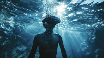 An individual submerged in a virtual underwater world facing their fear of drowning in a safe and controlled environment photo