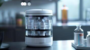 A group of pills neatly stacked inside the dispenser showing the capacity for holding multiple medications at once photo