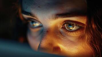 A persons face is bathed in the light of their laptop screen as they participate in an online support group through a digital addiction recovery program photo