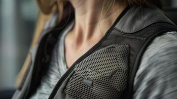 A closeup of a smart fabric patch strategically p on the chest to accurately capture breathing movements and monitor respiratory rates photo