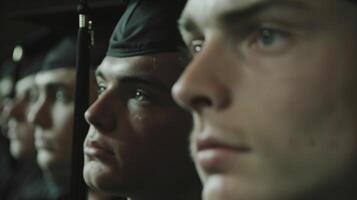 The camera zooms in on a graduates face as they listen intently to a motivational speech. The emotion and determination in their expression reflects the impact of the speaker photo