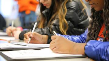 A closeup of a student club presidents hands shows them writing out notes for their next meeting their enthusiasm and dedication evident in the speed and precision of thei photo