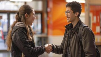 A zoomedin shot of two students shaking hands after a heated debate showing sportsmanship and respect for each others arguments. Their relieved and satisfied smiles sugges photo