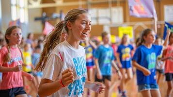 A closeup of a students determined face as they complete their final lap around the gym surrounded by their classmates who cheer them on with encouraging signs photo