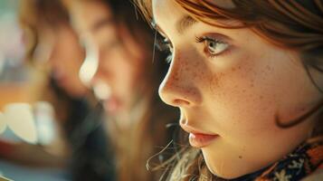 A girl with a furrowed brow deep in thought as she listens intently to her classmates ysis of the authors writing style photo