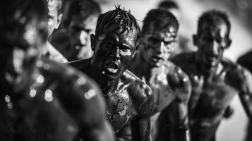 A group of athletes exhausted and sweaty but still pushing themselves to their limits with determination and grit determined to improve photo