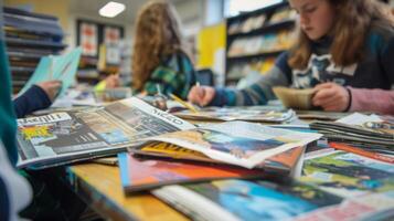 un grupo de estudiantes sentado alrededor un mesa cubierto en pilas de reciclado papel y revistas afanosamente creando carteles y volantes para su siguiente ambiental conciencia Campaña foto