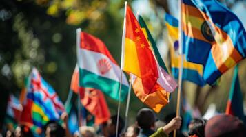 Colorful flags wave proudly as students from different cultural backgrounds march together in a parade celebrating their unity and diversity photo