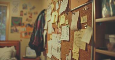 A closeup of a cork board in a shared bedroom covered in notes todo lists and reminders for the roommates. A small whiteboard is attached to the side with a grocery list an photo