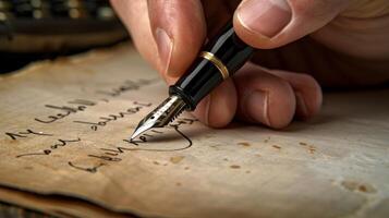 A closeup of a students hand writing on a notebook with a classic fountain pen while their other hand types on a keyboard symbolizing the harmony between old and new form photo