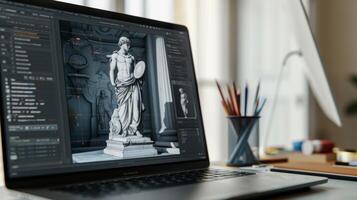 A closeup of a students laptop on a desk shows a digital design program open with a pen and ink drawing of a classical statue visible on the screen photo