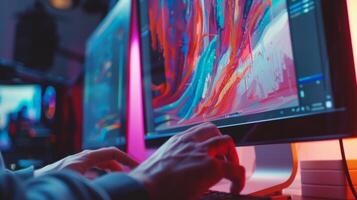 A closeup of a computer screen displaying a digital art creation with a users hands delicately clicking and dragging to perfect every detail photo