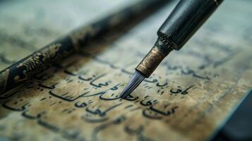 A macro shot of a traditional calligraphy brush writing on a tablet screen demonstrating the melding of ancient art forms with modern technology in teaching ods photo