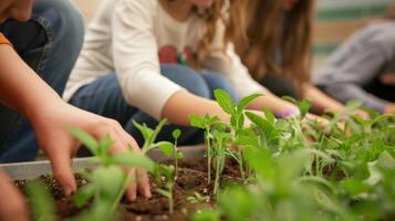 A group of students carefully tend to a row of young plants learning about biology and responsibility while also creating a beautiful and practical addition to their school photo