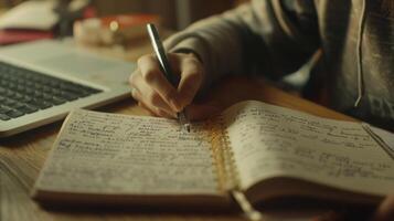 A closeup of a students notes handwritten in a notebook while watching a live online lecture and taking diligent detailed notes photo