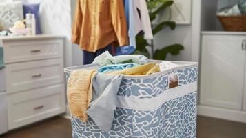 A closeup of a labeled laundry hamper and instructions for proper sorting and washing of clothes promoting cleanliness and good laundry habits photo