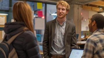 A student proudly showcasing their prototype product to a small group of investors and mentors in the cozy and collaborative setting of a campus startup incubator photo