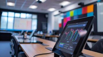 An upclose photo of a language classroom showcasing traditional teaching ods such as blackboards and chalk as well as modern technology such as interactive whiteboards an