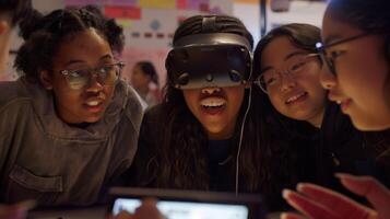 A group of students huddle around a table their faces lit up with excitement and wonder as their teacher shows them a virtual reality simulation. This technology serves a photo