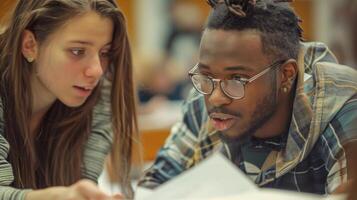 An instructor leans in closely to a student pointing to a section of their business plan and offering guidance and feedback. The student listens intently eagerly taking note photo