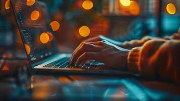 The hands of a person typing on a laptop with a blurred background of a classroom. This image captures the idea of utilizing technology and digital skills learned in the classroo photo