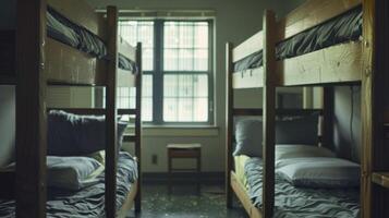 An empty dorm room with two adjoining bunk beds giving a sense of the close relationships and friendships formed in dormitories photo