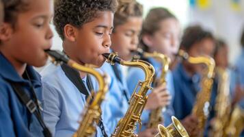 A detailed shot of a conservatory classroom filled with students practicing on a variety of instruments. The focus is on one student their fingers expertly playing a comple photo