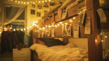 A closeup of the bed railings of a bunk bed decorated with string lights and photos showcasing the unique personality and creativity of dorm residents