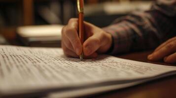 Closeup of a students hand flipping through thick legal documents with a pen in the other hand ready to take notes and make annotations photo