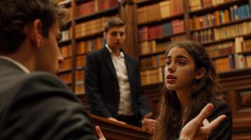 Two students engage in a heated debate gesturing animatedly and presenting their arguments to a panel of professors. The walls of the mock courtroom are lined with law book photo