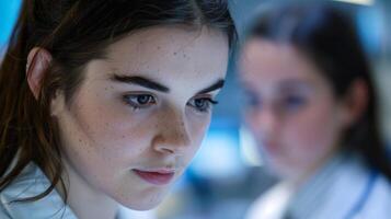 A closeup of a medical students face as they use a tablet to access patient information on the simulation clinics virtual platform. The students eyes are focused on the scree photo