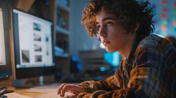 A young designer sits at a computer their eyes fixed on the screen as they use a digital drawing program to bring their ideas to life. The maker space is equipped with technolog photo
